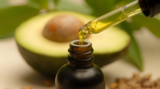 dropper bottle being filled with avocado background